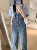 Kvinnors jeans vintage blå rompers jumpsuits casual streetwear denim overaller lossa breda ben dungarees knappar last baggy byxor