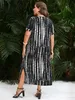 Plus Size Dress for Woman 2023 Summer V Neck Short Sleeve White Black Striped Print Casual Loose Oversized Maxi Long 240411