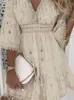 Casual jurken Elegante vrouwen Wit Hollow Lace Mini Dress Summer V-Neck Patchwork Up Three Quarter Sleeve Ladies Vacation Beach