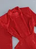 Sıradan Elbiseler Kadın Kırmızı Uzun Kollu Pullar Bodycon Elbise Seksi Sırtsız Kesim Pileli Kokteyl Partisi önlük