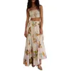 Robes de travail Femmes Boho Floral 2 pièces Jupe Set Backless Cami Camis Tops et Terbes maxi plissées fluide