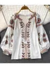 Women Spring Blouse Vintage Ethnic Style Long Sleeve Round Neck Loose Embroidered Cotton Linen Pullover Shirt Casual Top 240412