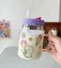 Wine Glasses Heat-resistant Glass Cup Cartoon High Appearance For Girls With Lid And Handle Thick Straw Portable Coffee