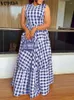 Casual Dresses Summer Maxi Long Dress VONDA Elegant Women Plaid Sundress 2024 Bohemian Sexy O-Neck Sleeveless Printed Party Beach Robe