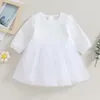 Girl Dresses Baby Girls Casual Dress Long Sleeve Crew Neck Feather Pearls Patchwork Tulle Princess Streetwear Daily