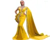 Повседневные платья Золотые вечеринка высокая шея рана русалочка Платье выпускное выпускное платье на мысе длинные рукава атласные арабские дубай5097523
