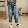 Jeans femminile aricaca di alta qualità donne m-xl patch retrò ricamato in vita sciolto