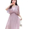 Vestidos de festa 95% Mulberry Real Silk Dress Roupas femininas Solid Summer Summer Feminino Feminino V temperamento esbelto vestido