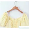 Urban Sexy Dresses Party Sweet Women Lace Trim Yellow Dress Vintage Puff Sleeve Ladies A-Line Mini Summer Lacing Up Robe Drop Delivery Dhmcx
