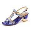 Sandals Women Fashion Open Toe Shining Blue Rhinestone Buckle Thick High Heel Gladiator Wedding Dress Shoes D0012