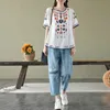 Bomullslinne t skjortor kvinnor etnisk stil broderi tshirt casual vintage oneck kort ärm toppar sommaren trend tunn 240412