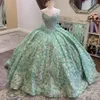 セージグリーンキラキラセクシーなスパゲッティストラップクリスタルアップリケQuinceanera Dresses Ball Gown Beading Sweet Vestidos de 15 Girls 0509