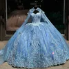 Appliques con paillettes blu cielo Turno Tull Shiny Crystal Crystal Abiti Quinceanera Abiti con Cape Corset Vestidos de 15 Anos