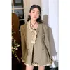 Work Dresses Xgoth Skirt Set Wooden Ear V-neck Patchwork Long Sleeve Plaid Coats Tops Young Ladies A-line Skirts Korean Style Two-piece Suit