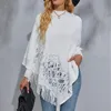 Women Winter Knitted Hooded Poncho Cape Elegant Female Crochet Fringed Tassel Shawl Wrap Oversized Pullover Cloak Sweater Warmer