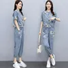 Ladies Denim Professional Suit Summer Kurtka kowbojska 2PCS Casual Fashion Printing Cowgirl Twopece R246 240412