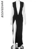 Lässige Kleider Boofeenaa sexy Deep v Hals Ärmel und hohe Split Long für Frauen elegante schwarze Partykleid Sommerclub Outfits C85-DZ29