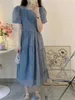 Maternity Dresses Korean Style Summer Maternity Puff Sleeve Chiffon Dress High Waist O-Neck Pregnant Woman Lightweight Ball Gown Dress Blue Purple 240412