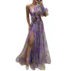 Casual Dresses Large Flower Embellished Evening Dress Elegant One Shoulder Tie-dye Ball Gown With Mesh Bubble Sleeves Rose Decor Women's