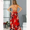 Basis Casual jurken Rode Backless Floral Maxi Dress 2023Summer Dames Sexy Party Spaghetti Riem Sundress Boho Beach High Weist Chiffon Dress Vestidos 1 T240415