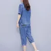 Join Together Denim Suit Women Summer Cowboy 2 Piece Set Korean Fashion Casual Thin Sportswear TwoPiece Ladies 240412