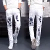 Pants Red Rose Embroidered Jeans for Men's Black Blue Stretch Pants for Men White Fashion Pantalon Hole Decoration Male Slacks 2842