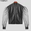 Casual shirts voor heren Incerun Men Shirt Pu Leather Mesh Patchwork Transparant Hollow Out Camisas Streetwear Puff Long Sleeve Sexy Fashion