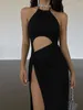 Lässige Kleider Xeemilo sexy Prom Party Schwarzes langes Kleid elegante Taille hohlaus hoher Sommer -Mode Rückenless Schnüre -up -Robe