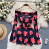 Casual Dresses Vintage Strawberry Print Off Axel Dress for Women in Autumn and Spring Slash Neck Mini Short Long Sleeve Slim Fit