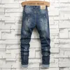 Jeans masculinos magros rasgados azuis lava -trechos de jeans slim de jeans de manchas de tinta de tinta de moda de hip hop calças masculinas