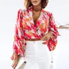 Women's Blouses Fashion Autumn Sexy V-neck Single-Breasted Print Waist Trimming Short High Lantern Sleeve Shirt