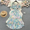 YUOOOOOO Women Chiffon Floral Long Dress Long Vneck Vneck Manga curta Vestidos de festa Aline Summer Bohemian Print Beach Vestidos 240412