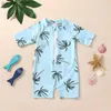 Endelar 1-5T Småbarn Girl Boy Summer Jumpsuit Blue Short Sleeved Tropical Tree Print Zippered Beach Swimsuit Y240412