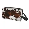 Sacs cosmétiques Brown Vowered Cow Cow Patche Toitrage Sac pour animal fourrure en cuir texture Organisateur de maquillage Box Kit Dopp Kit Dopp Box