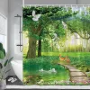 Rustique Bascade paysage rideaux de douche forêt Bird Crane Birds Pink Lotus Flowers Nature Nature Fabric de salle de bain Décor de salle de bain