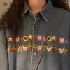 Blouses pour femmes American brodées lavées en détresse de grande taille en denim à manches courtes et chemises de rue décontractées lâches mâles