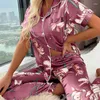 Frauen Nachtwäsche-Pyjama 2 Stück Set Satin Button gegen Hals kurzärmelig und langer Hosenbrache V-Neck Halsband Casual Night Anzug