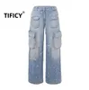 여자 청바지 tificy blue denim 바지 파괴적인 디자인 하이 허리 느슨한 찢어진 Jean Pant