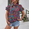 Soft Stretchy Blouse Ethnic Style Floral Print Womens Summer Shirt with Stand Collar Ruffle Short Sleeve Loose Fit for A 240412