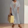 Ethnic Dress Women Sexy Embroidery Flower Design V Neck Cotton Linen Spring Summer Short Sleeve Split Long Maxi 240412