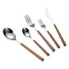 5 Pcs/Set Wood Grain Stainless Steel Dinnerware Set Tableware Knife Fork Spoon Teaspoon Cutlery Set Tableware Flatware HY0469