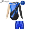 Shorts Kids Girls Ballet Dance Outfit Mesh Long Sleeve Keyhole Back Shiny Leotard with Metallic Shorts Rhythmic Gymnastics Jumpsuits