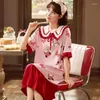 Women's Sleepwear Cute Korean Women Summer Cotton Nighty Princess Style Cartoon Sleeping Dress Sweet Casual Loungewear Set Teenager Loose