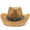 Beretti Paglie di cowboy Western Cappello da cowboy a mano Made Beach Felf Sunhats Party Cap per uomo Curling Brim Sun Protection Cappelli unisex