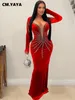 CM.YAYA KVINNOR Diamanter Rhinestones Velvet Long Sleeve Mermaid Birthday Bodycon Midi Maxi Dress 2024 Sexy Party Long Dresses 240409