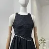 Vestidos casuales algodón de alta calidad 2024 perlas negras de línea A beading mangas sin mangas