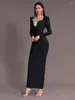 Casual Dresses Ailigou 2024 Women's Black Sexy V-neck Diamond Mesh Long Sleeve Tight Bandage Dress Elegant Celebrity Party