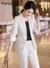 Women's Two Piece Pants Women Formal Blazer Pant Suit Yellow White Black 2 Set Female Half Sleeve Jacket And Trouser For Office Ladies