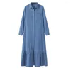 Casual Dresses Single-Breasted Shirt Dress Elegant Women's Maxi denim med ruffle lapptäcke Turn-down krage stilfullt för våren