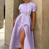 Partykleider 2024 Frühlings Sommer Frauenblasen Ärmel runden Nackenkleid Solid Satin kurzärmel Slim Fit Perl Button A-Line-Stil